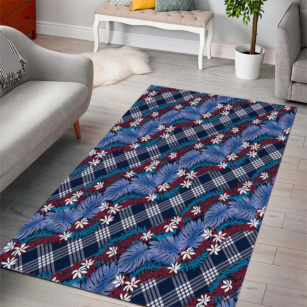 Polynesian Monstera Tiare Floral Area Rug Royal Blue Tropical Plaid LT01 - Polynesian Pride