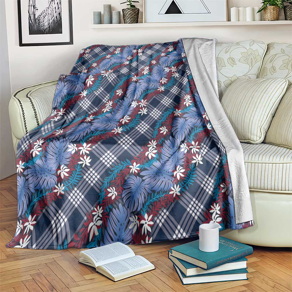 Polynesian Monstera Tiare Floral Blanket Royal Blue Tropical Plaid - Polynesian Pride
