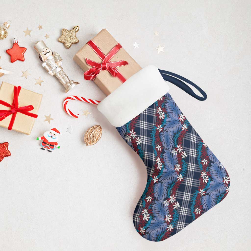 Polynesian Monstera Tiare Floral Christmas Stocking Royal Blue Tropical Plaid LT01 - Polynesian Pride