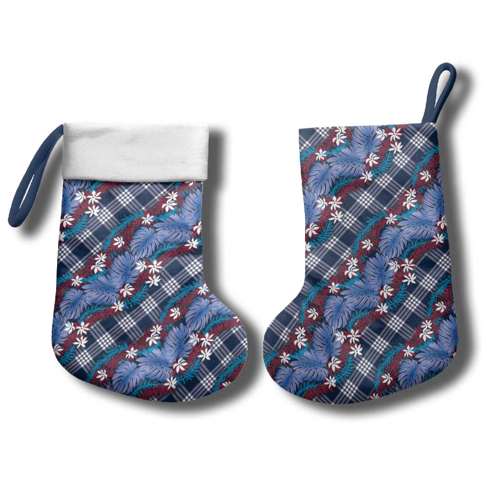 Polynesian Monstera Tiare Floral Christmas Stocking Royal Blue Tropical Plaid LT01 - Polynesian Pride
