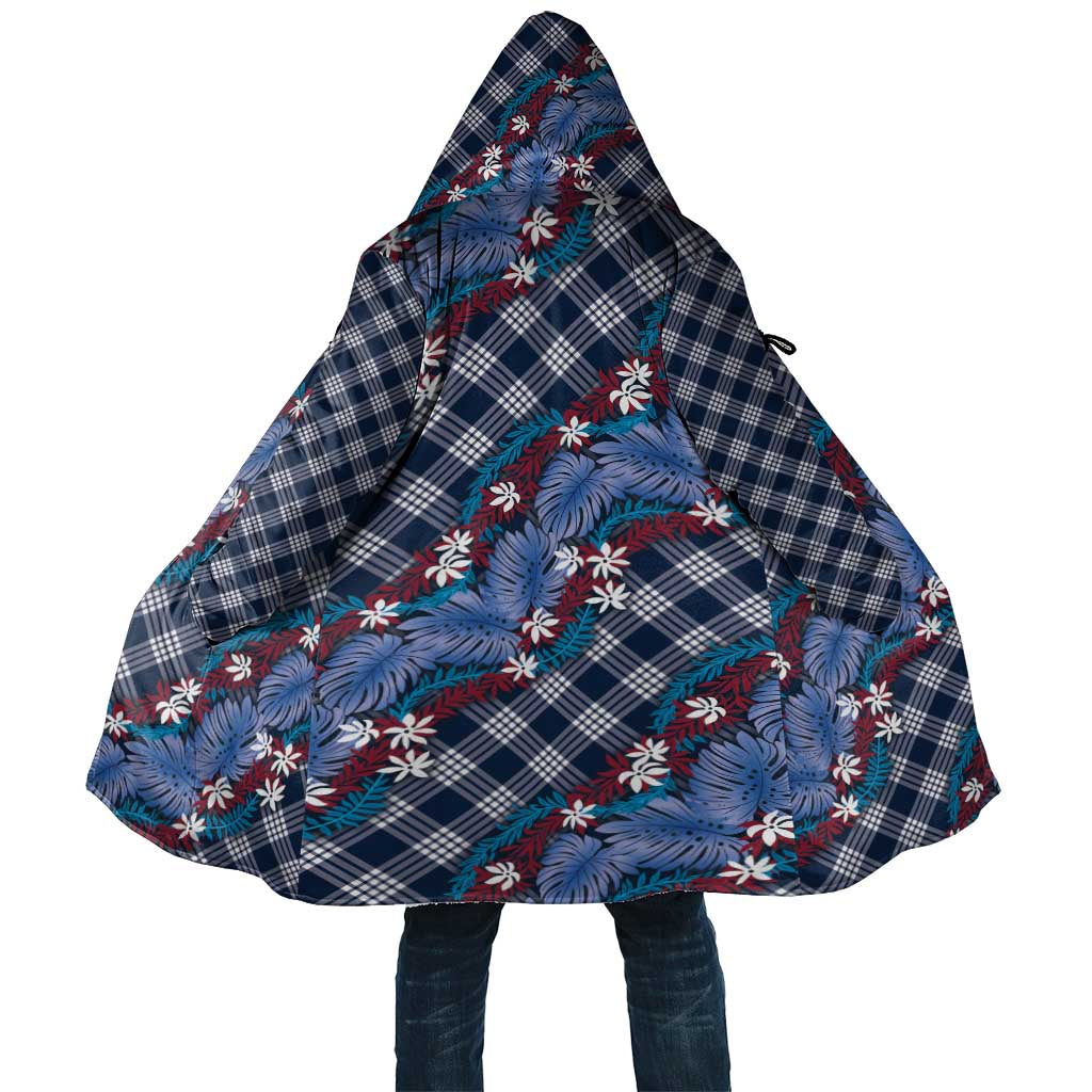 Polynesian Monstera Tiare Floral Cloak Royal Blue Tropical Plaid - Polynesian Pride