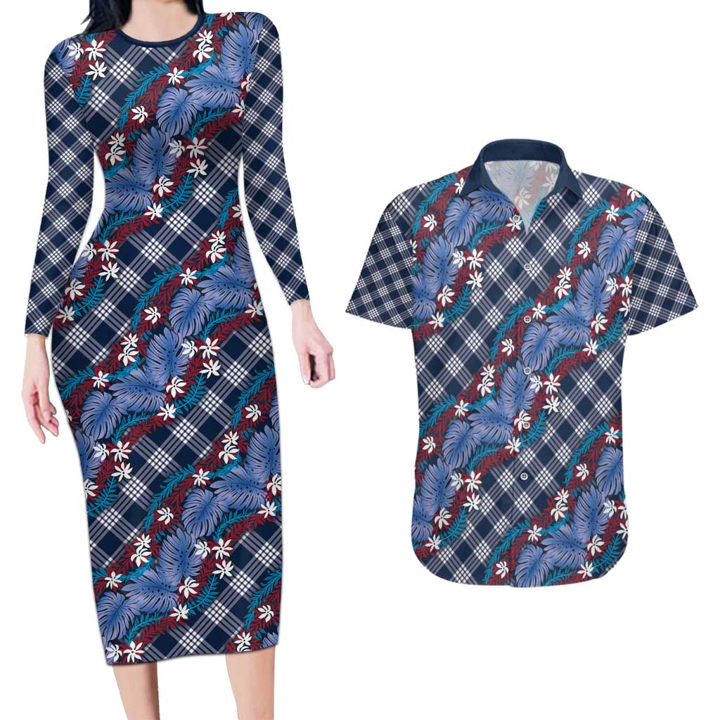 Polynesian Monstera Tiare Floral Couples Matching Long Sleeve Bodycon Dress and Hawaiian Shirt Royal Blue Tropical Plaid - Polynesian Pride