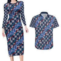 Polynesian Monstera Tiare Floral Couples Matching Long Sleeve Bodycon Dress and Hawaiian Shirt Royal Blue Tropical Plaid - Polynesian Pride