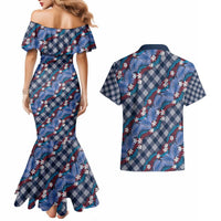 Polynesian Monstera Tiare Floral Couples Matching Mermaid Dress and Hawaiian Shirt Royal Blue Tropical Plaid LT01 - Polynesian Pride