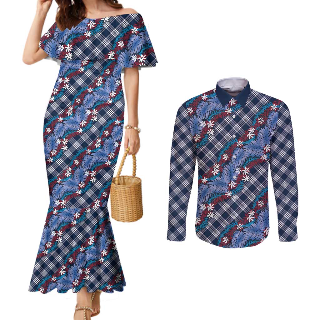 Polynesian Monstera Tiare Floral Couples Matching Mermaid Dress and Long Sleeve Button Shirt Royal Blue Tropical Plaid LT01 Blue - Polynesian Pride