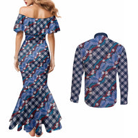 Polynesian Monstera Tiare Floral Couples Matching Mermaid Dress and Long Sleeve Button Shirt Royal Blue Tropical Plaid LT01 - Polynesian Pride