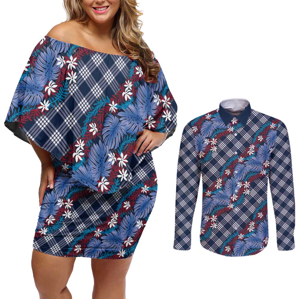 Polynesian Monstera Tiare Floral Couples Matching Off Shoulder Short Dress and Long Sleeve Button Shirt Royal Blue Tropical Plaid LT01 Blue - Polynesian Pride