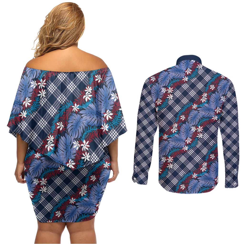 Polynesian Monstera Tiare Floral Couples Matching Off Shoulder Short Dress and Long Sleeve Button Shirt Royal Blue Tropical Plaid LT01 - Polynesian Pride