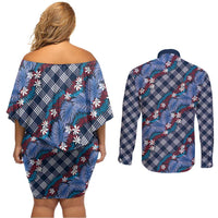 Polynesian Monstera Tiare Floral Couples Matching Off Shoulder Short Dress and Long Sleeve Button Shirt Royal Blue Tropical Plaid LT01 - Polynesian Pride