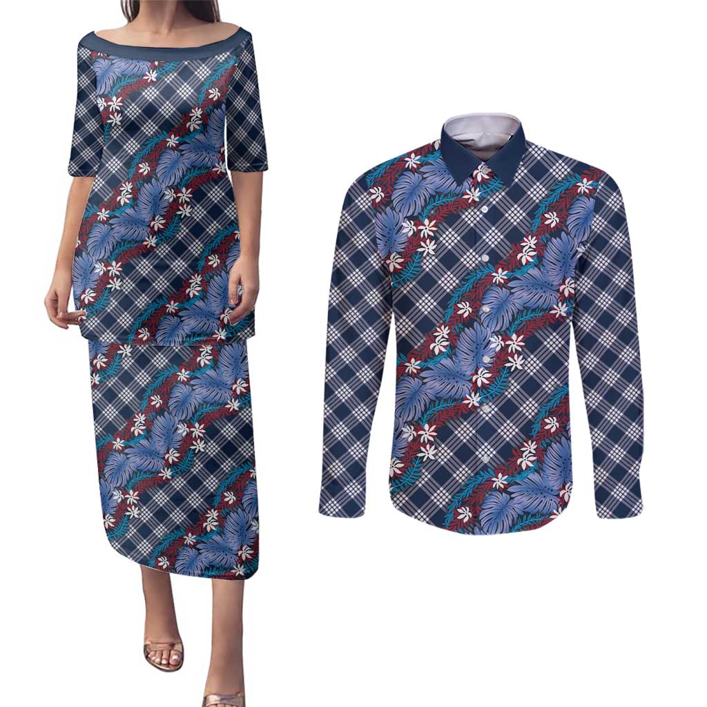 Polynesian Monstera Tiare Floral Couples Matching Puletasi and Long Sleeve Button Shirt Royal Blue Tropical Plaid - Polynesian Pride