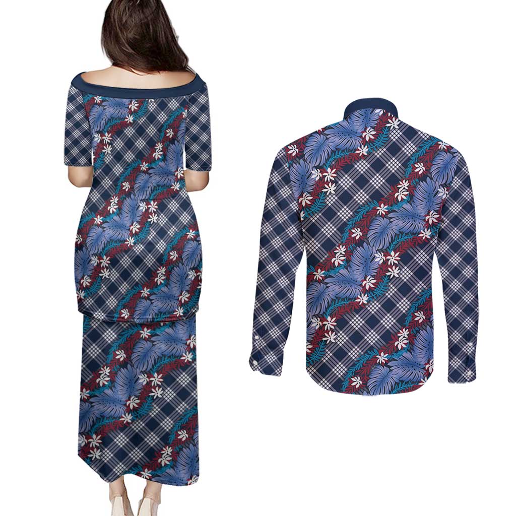 Polynesian Monstera Tiare Floral Couples Matching Puletasi and Long Sleeve Button Shirt Royal Blue Tropical Plaid - Polynesian Pride