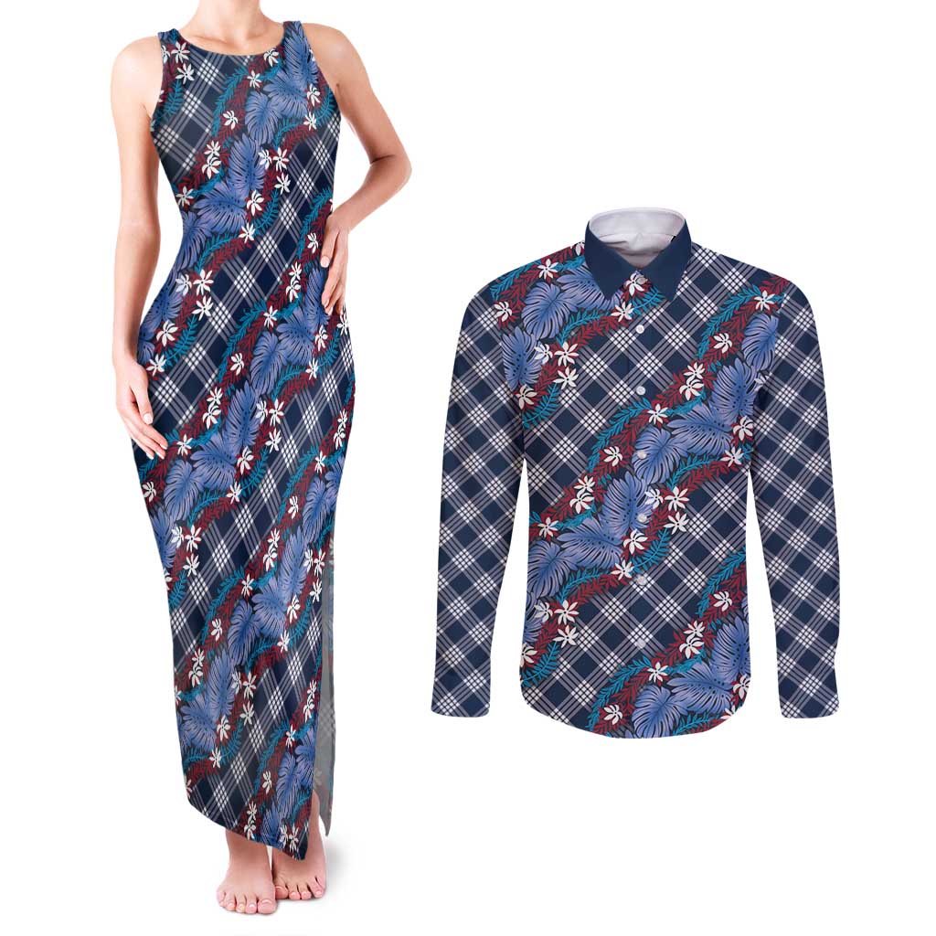 Polynesian Monstera Tiare Floral Couples Matching Tank Maxi Dress and Long Sleeve Button Shirt Royal Blue Tropical Plaid LT01 Blue - Polynesian Pride