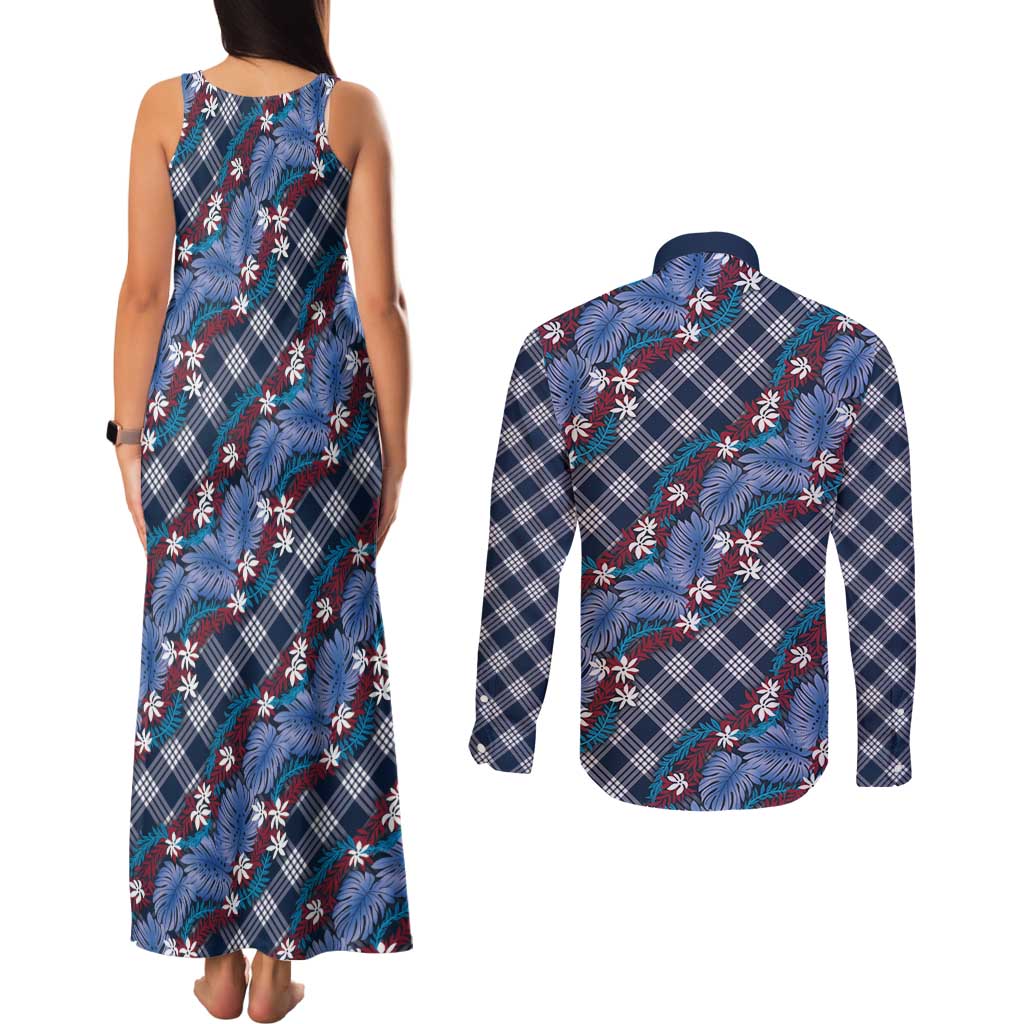 Polynesian Monstera Tiare Floral Couples Matching Tank Maxi Dress and Long Sleeve Button Shirt Royal Blue Tropical Plaid LT01 - Polynesian Pride