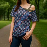 Polynesian Monstera Tiare Floral Cross Shoulder Shirt Royal Blue Tropical Plaid - Polynesian Pride