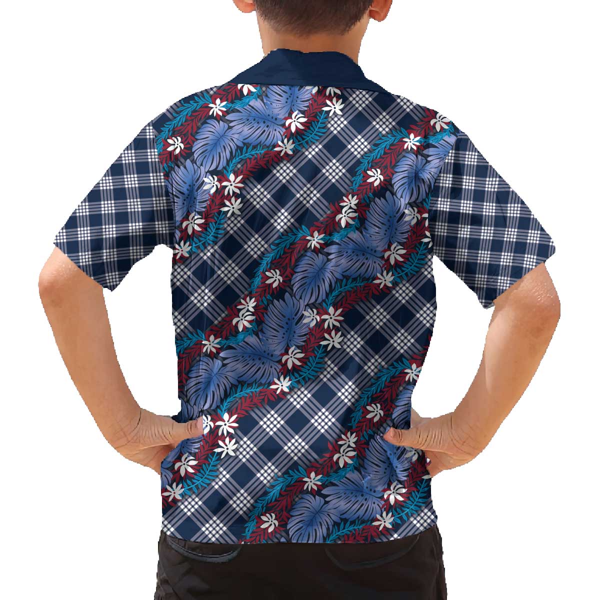 Polynesian Monstera Tiare Floral Family Matching Off The Shoulder Long Sleeve Dress and Hawaiian Shirt Royal Blue Tropical Plaid - Polynesian Pride