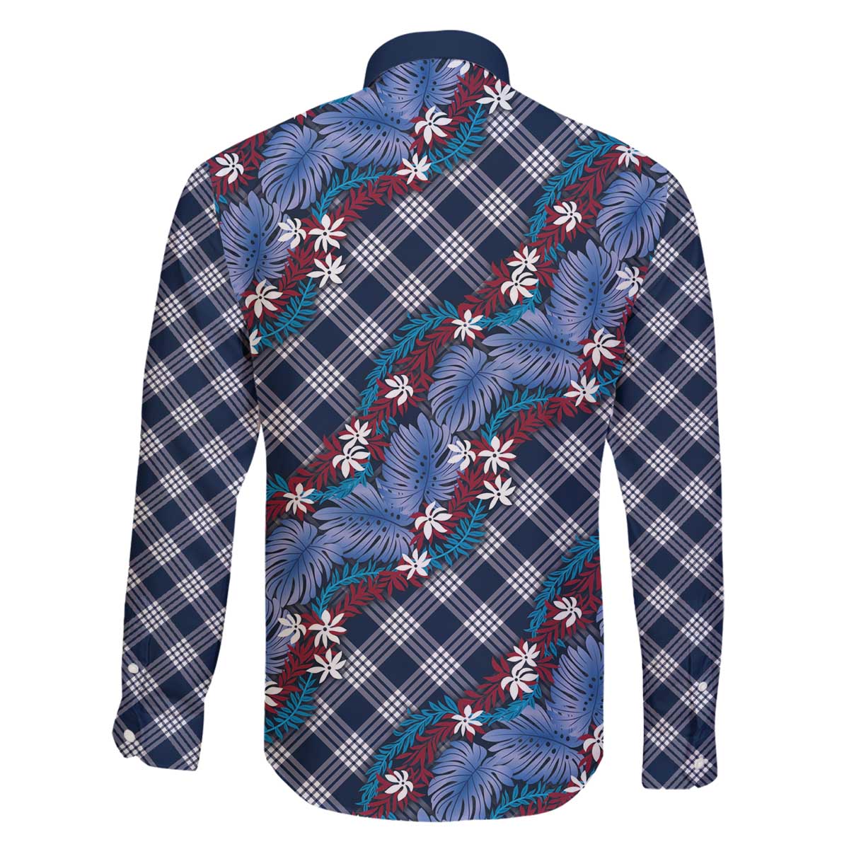 Polynesian Monstera Tiare Floral Family Matching Off The Shoulder Long Sleeve Dress and Hawaiian Shirt Royal Blue Tropical Plaid - Polynesian Pride