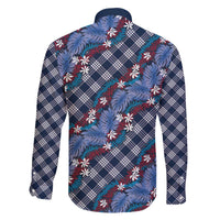 Polynesian Monstera Tiare Floral Family Matching Off The Shoulder Long Sleeve Dress and Hawaiian Shirt Royal Blue Tropical Plaid - Polynesian Pride