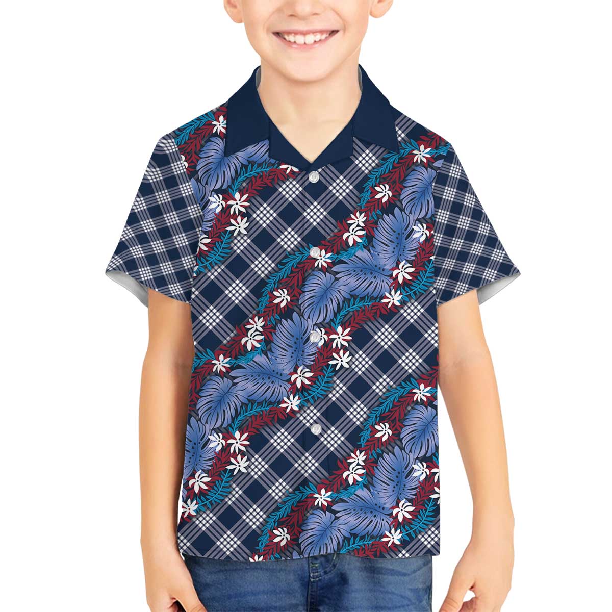Polynesian Monstera Tiare Floral Family Matching Off The Shoulder Long Sleeve Dress and Hawaiian Shirt Royal Blue Tropical Plaid - Polynesian Pride