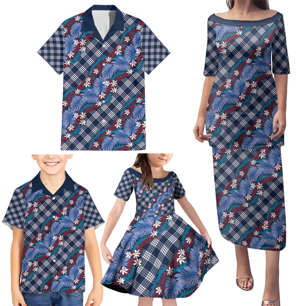 Polynesian Monstera Tiare Floral Family Matching Puletasi and Hawaiian Shirt Royal Blue Tropical Plaid - Polynesian Pride