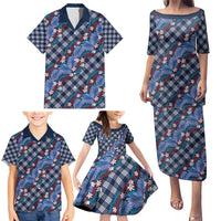 Polynesian Monstera Tiare Floral Family Matching Puletasi and Hawaiian Shirt Royal Blue Tropical Plaid - Polynesian Pride