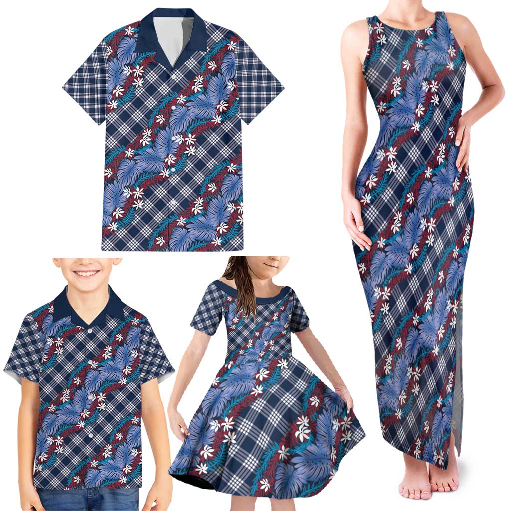 Polynesian Monstera Tiare Floral Family Matching Tank Maxi Dress and Hawaiian Shirt Royal Blue Tropical Plaid - Polynesian Pride