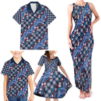 Polynesian Monstera Tiare Floral Family Matching Tank Maxi Dress and Hawaiian Shirt Royal Blue Tropical Plaid - Polynesian Pride
