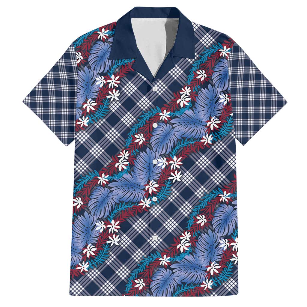 Polynesian Monstera Tiare Floral Family Matching Tank Maxi Dress and Hawaiian Shirt Royal Blue Tropical Plaid - Polynesian Pride