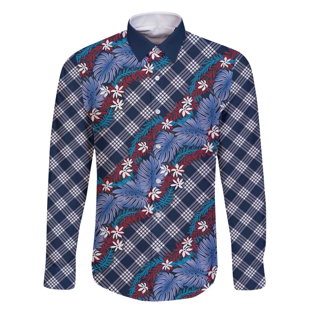Polynesian Monstera Tiare Floral Family Matching Tank Maxi Dress and Hawaiian Shirt Royal Blue Tropical Plaid - Polynesian Pride