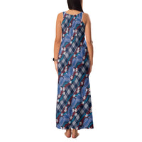 Polynesian Monstera Tiare Floral Family Matching Tank Maxi Dress and Hawaiian Shirt Royal Blue Tropical Plaid - Polynesian Pride