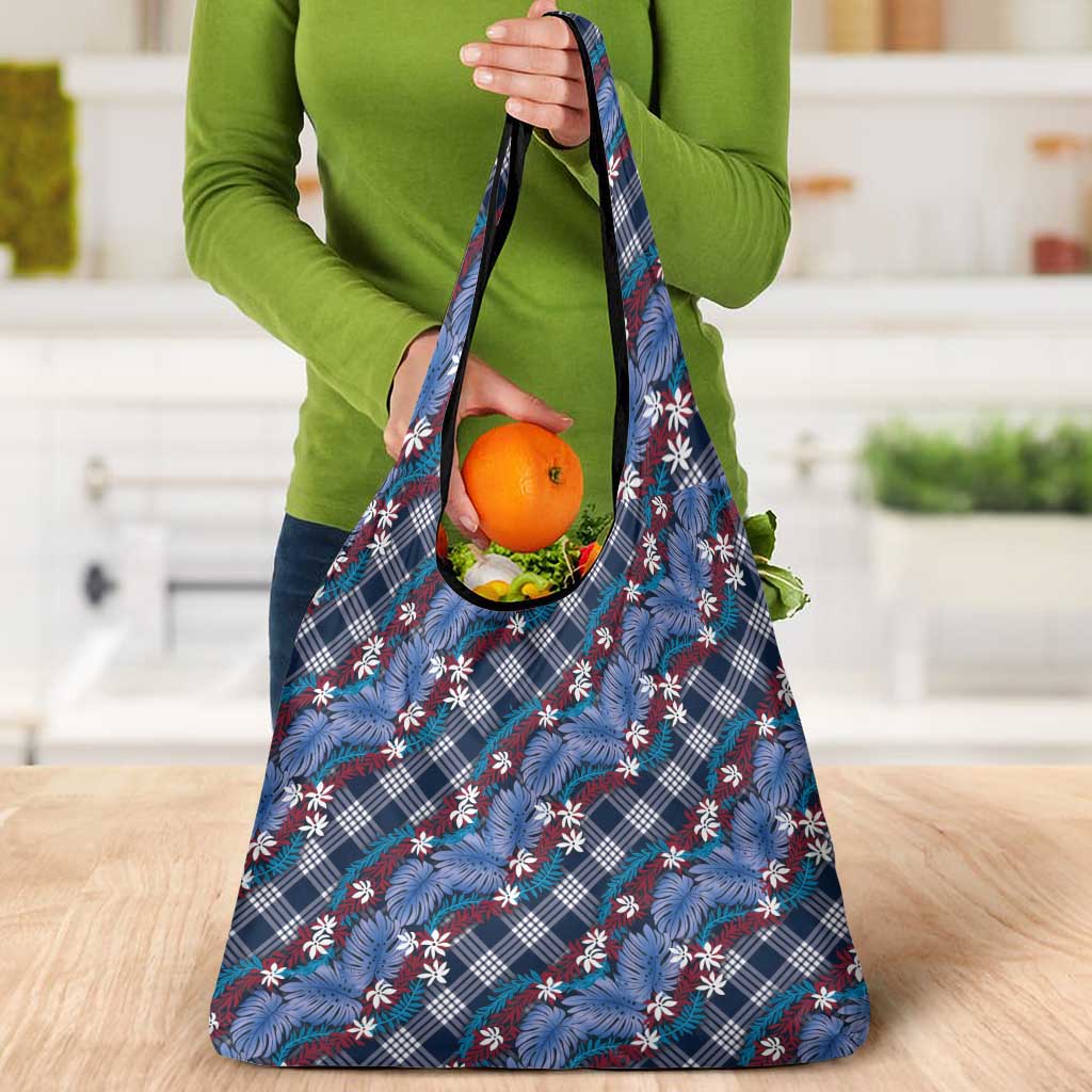 Polynesian Monstera Tiare Floral Grocery Bag Royal Blue Tropical Plaid LT01 - Polynesian Pride