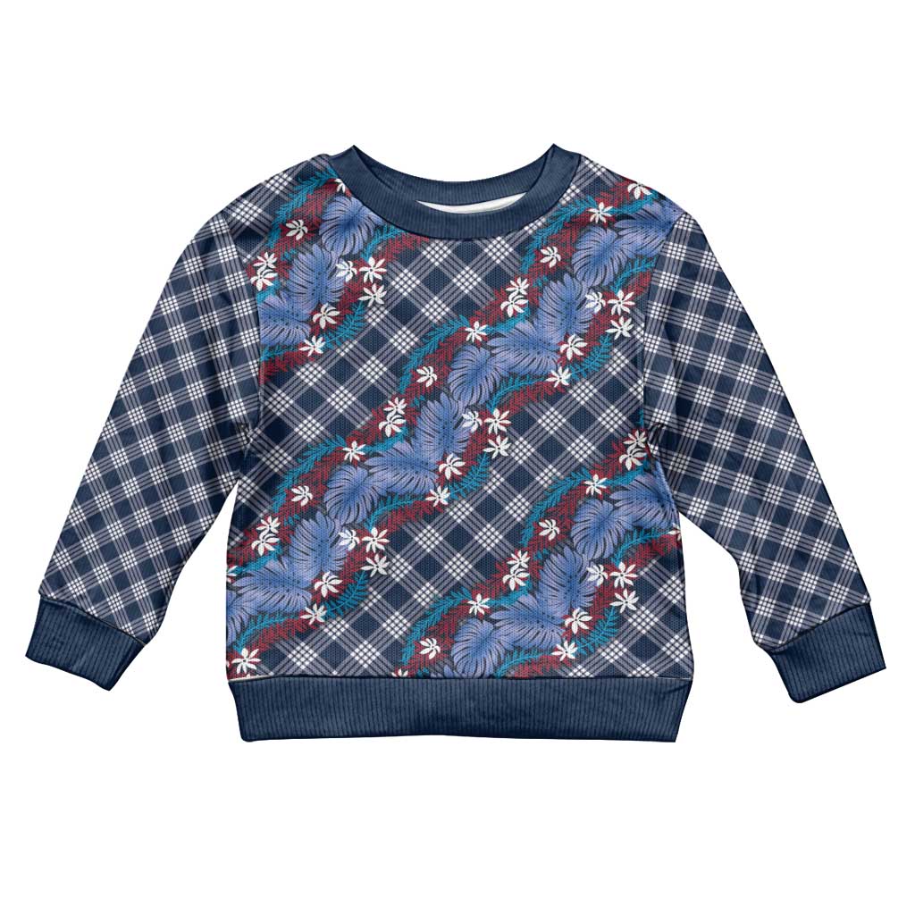 Polynesian Monstera Tiare Floral Kid Ugly Christmas Sweater Royal Blue Tropical Plaid - Polynesian Pride