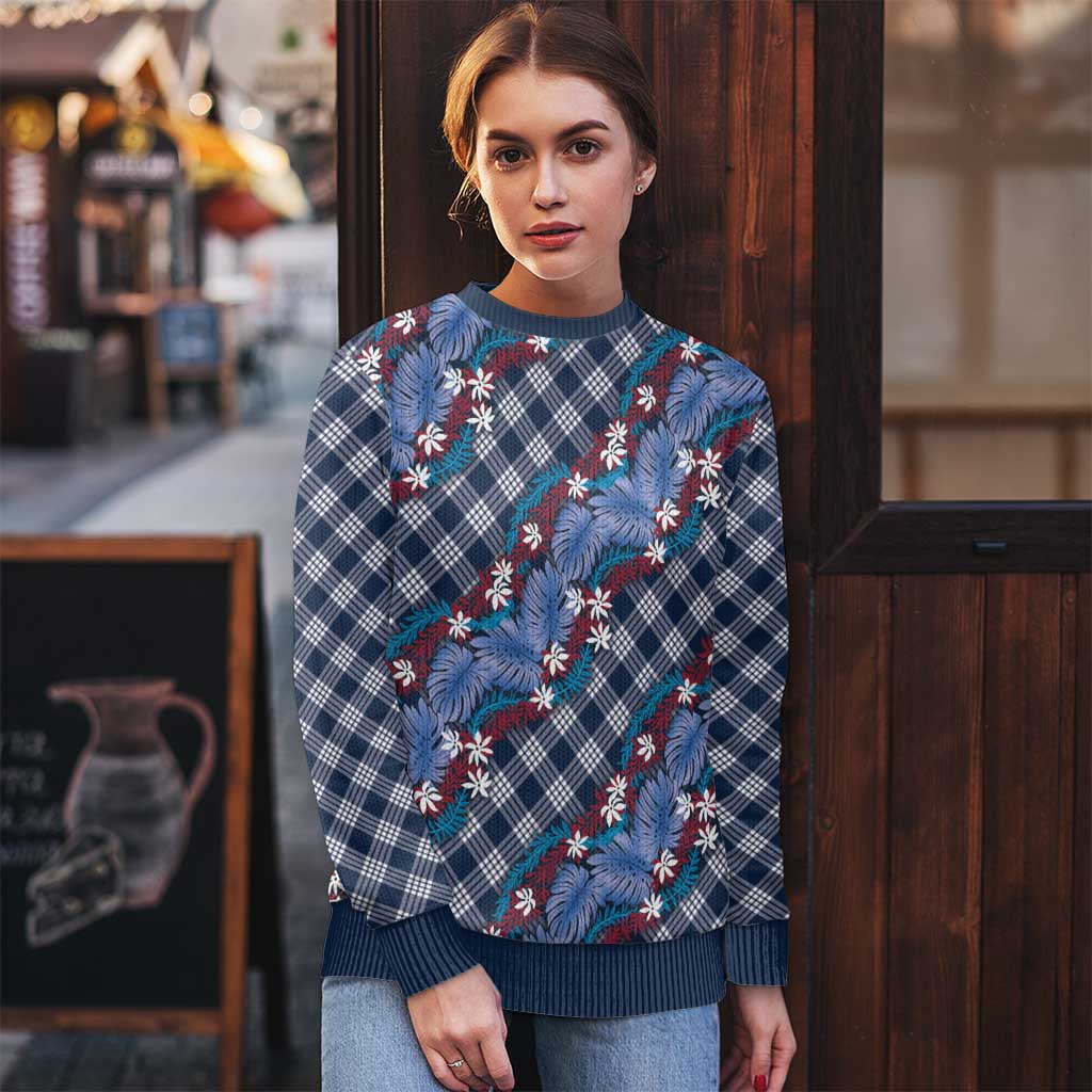 Polynesian Monstera Tiare Floral Ugly Christmas Sweater Royal Blue Tropical Plaid - Polynesian Pride