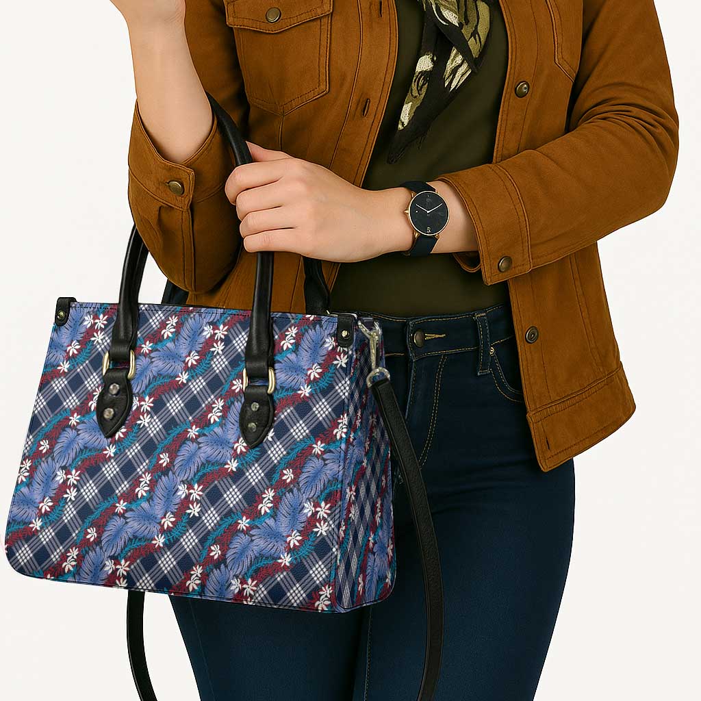 Polynesian Monstera Tiare Floral Leather Bag Royal Blue Tropical Plaid LT01 - Polynesian Pride
