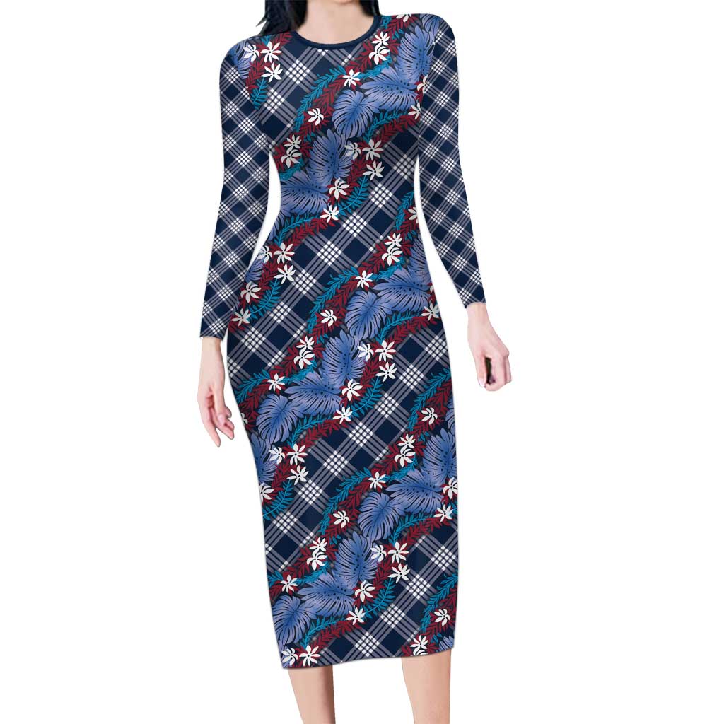 Polynesian Monstera Tiare Floral Long Sleeve Bodycon Dress Royal Blue Tropical Plaid - Polynesian Pride