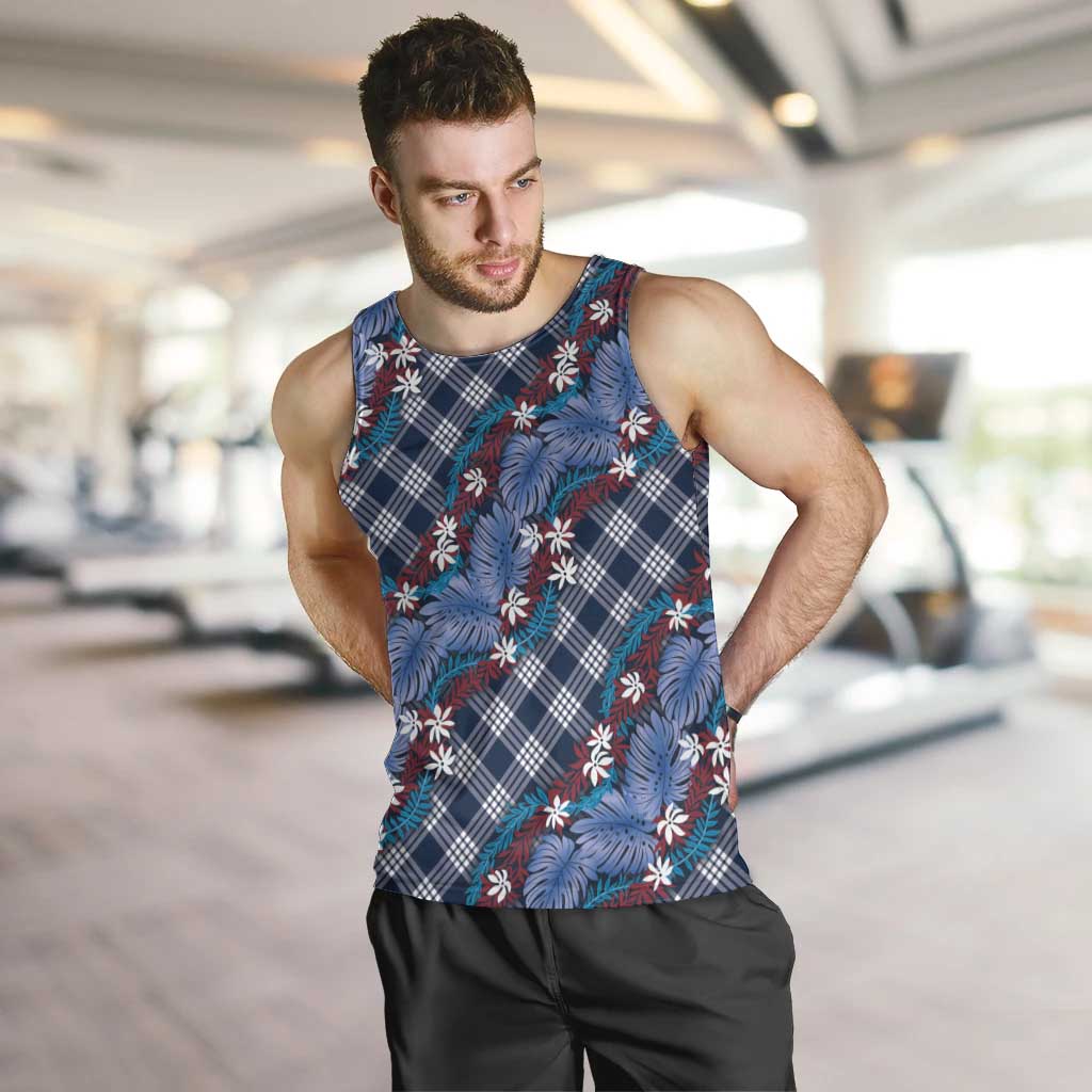 Polynesian Monstera Tiare Floral Men Tank Top Royal Blue Tropical Plaid - Polynesian Pride