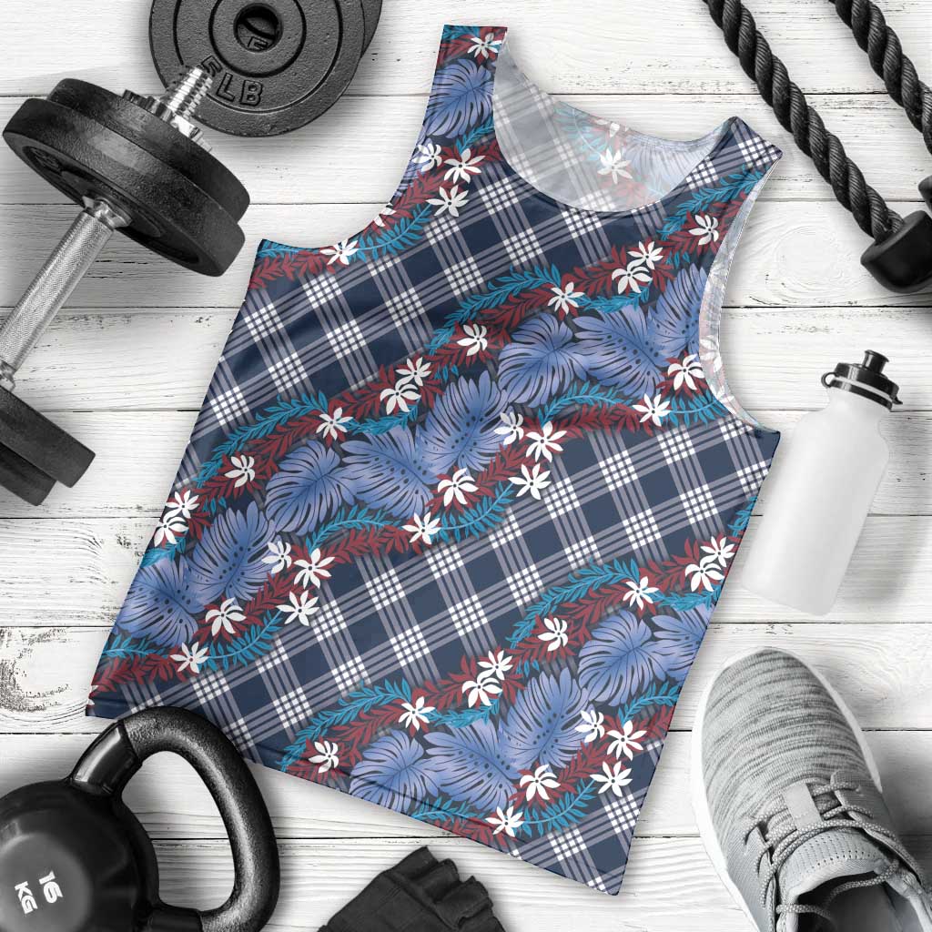 Polynesian Monstera Tiare Floral Men Tank Top Royal Blue Tropical Plaid - Polynesian Pride