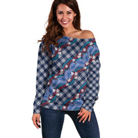 Polynesian Monstera Tiare Floral Off Shoulder Sweater Royal Blue Tropical Plaid LT01 Women Blue - Polynesian Pride