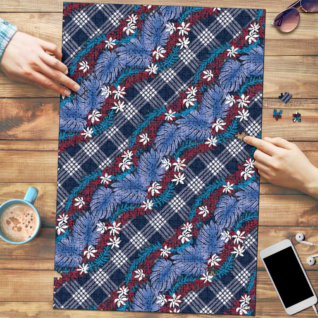 Polynesian Monstera Tiare Floral Puzzle Royal Blue Tropical Plaid - Polynesian Pride
