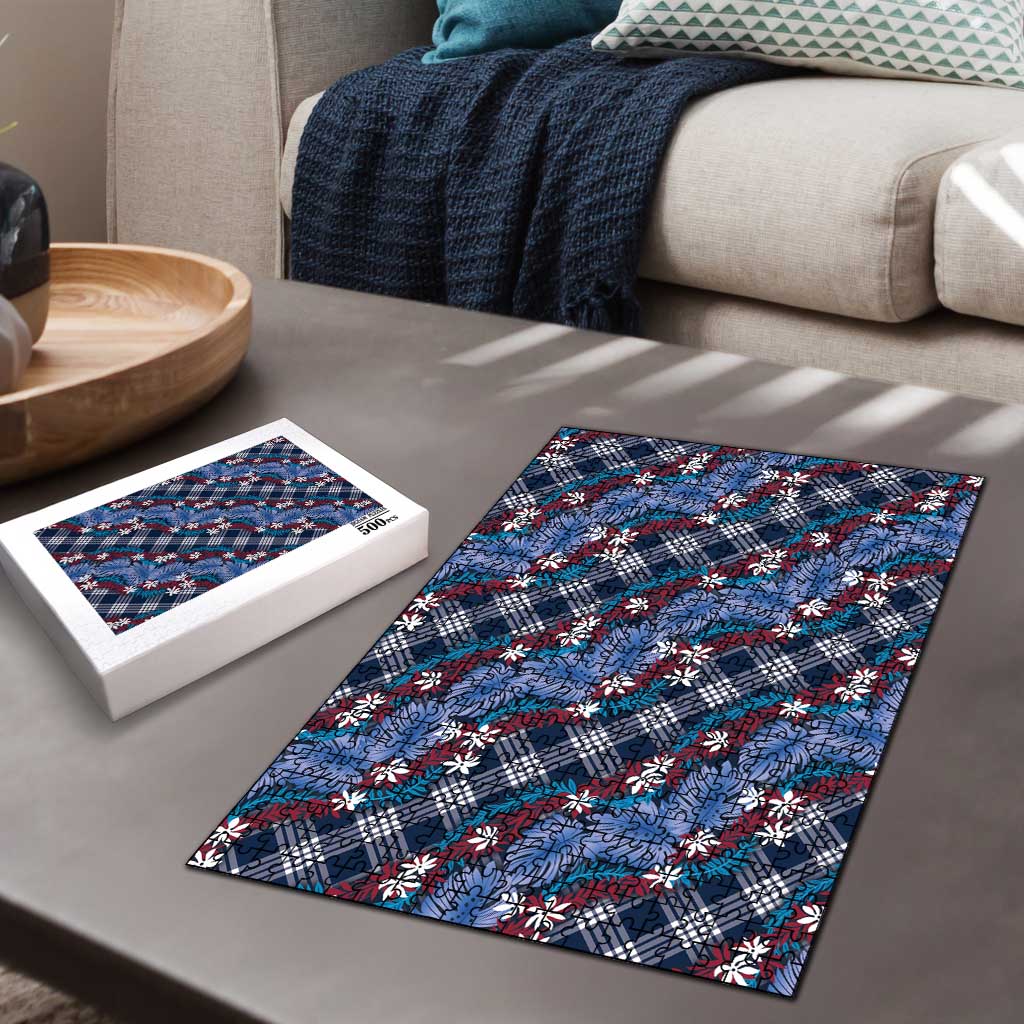 Polynesian Monstera Tiare Floral Puzzle Royal Blue Tropical Plaid - Polynesian Pride