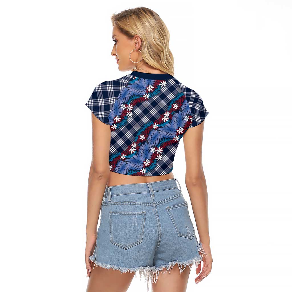 Polynesian Monstera Tiare Floral Raglan Cropped T Shirt Royal Blue Tropical Plaid - Polynesian Pride