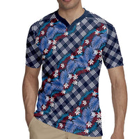 Polynesian Monstera Tiare Floral Rugby Jersey Royal Blue Tropical Plaid LT01 - Polynesian Pride