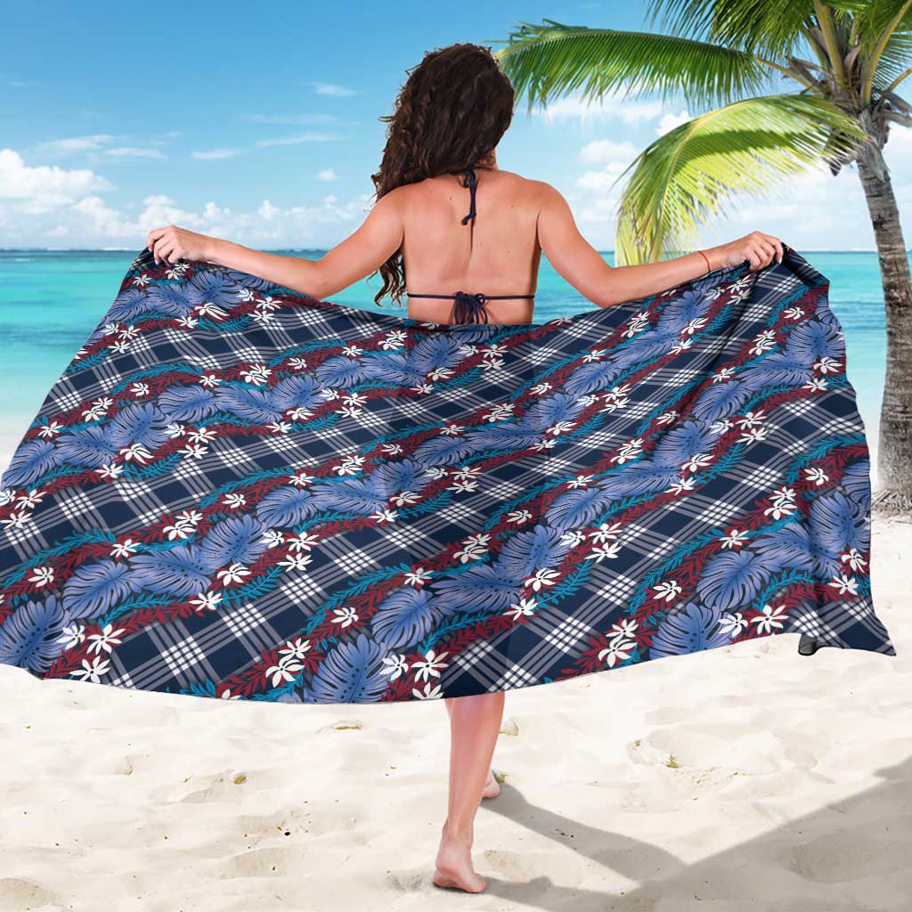 Polynesian Monstera Tiare Floral Sarong Royal Blue Tropical Plaid LT01 - Polynesian Pride