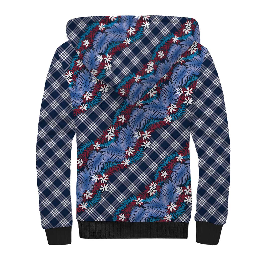 Polynesian Monstera Tiare Floral Sherpa Hoodie Royal Blue Tropical Plaid LT01 - Polynesian Pride