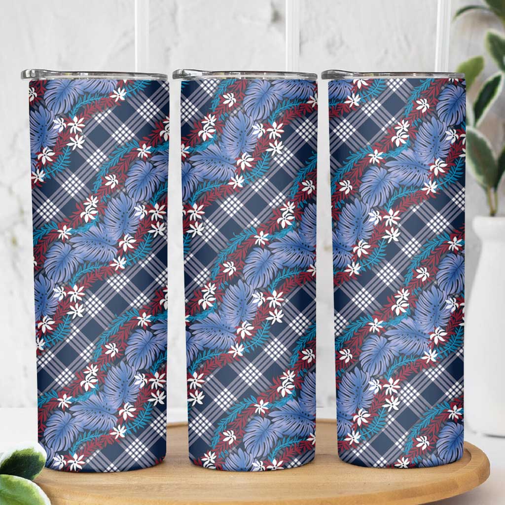 Polynesian Monstera Tiare Floral Skinny Tumbler Royal Blue Tropical Plaid - Polynesian Pride