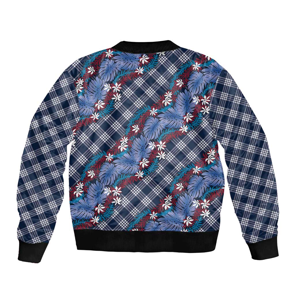 Polynesian Monstera Tiare Floral Sleeve Zip Bomber Jacket Royal Blue Tropical Plaid LT01 - Polynesian Pride