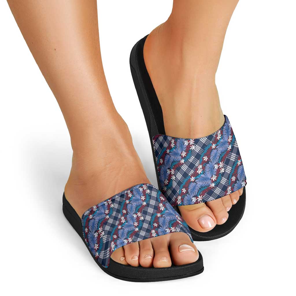 Polynesian Monstera Tiare Floral Slide Sandals Royal Blue Tropical Plaid - Polynesian Pride