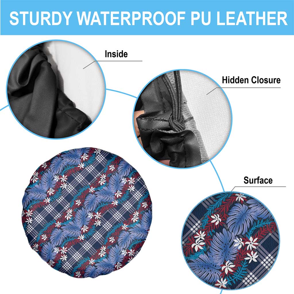 Polynesian Monstera Tiare Floral Spare Tire Cover Royal Blue Tropical Plaid - Polynesian Pride