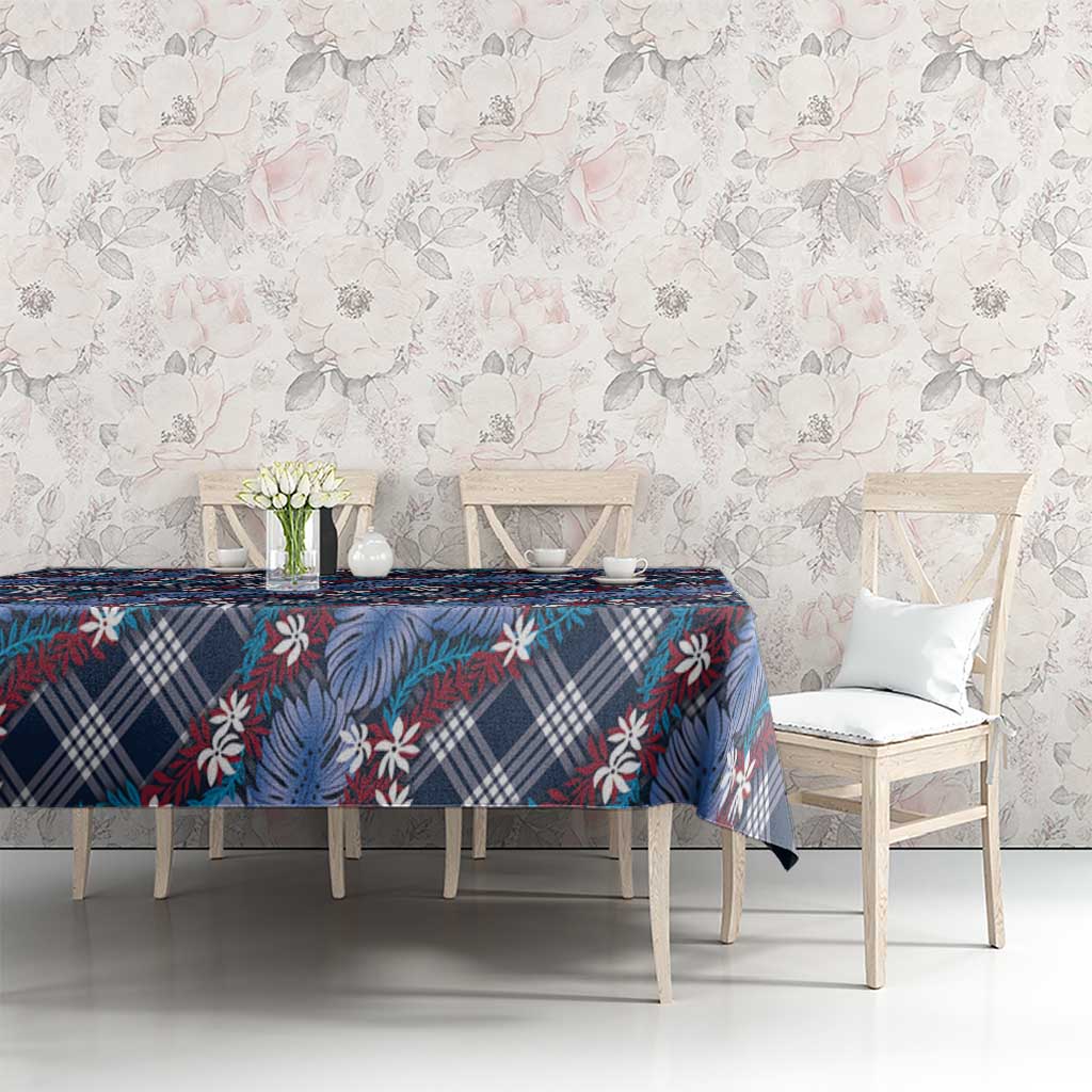 Polynesian Monstera Tiare Floral Tablecloth Royal Blue Tropical Plaid - Polynesian Pride