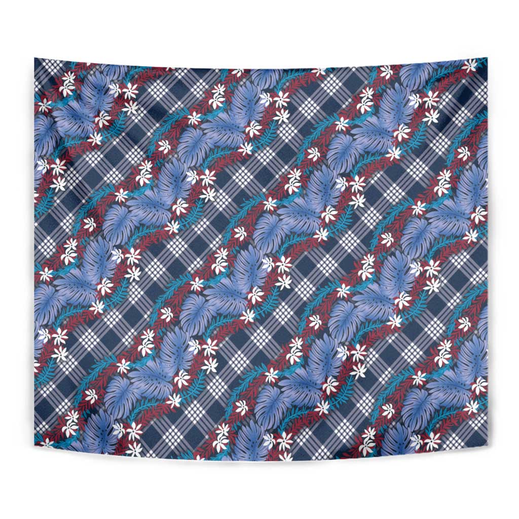 Polynesian Monstera Tiare Floral Tapestry Royal Blue Tropical Plaid - Polynesian Pride