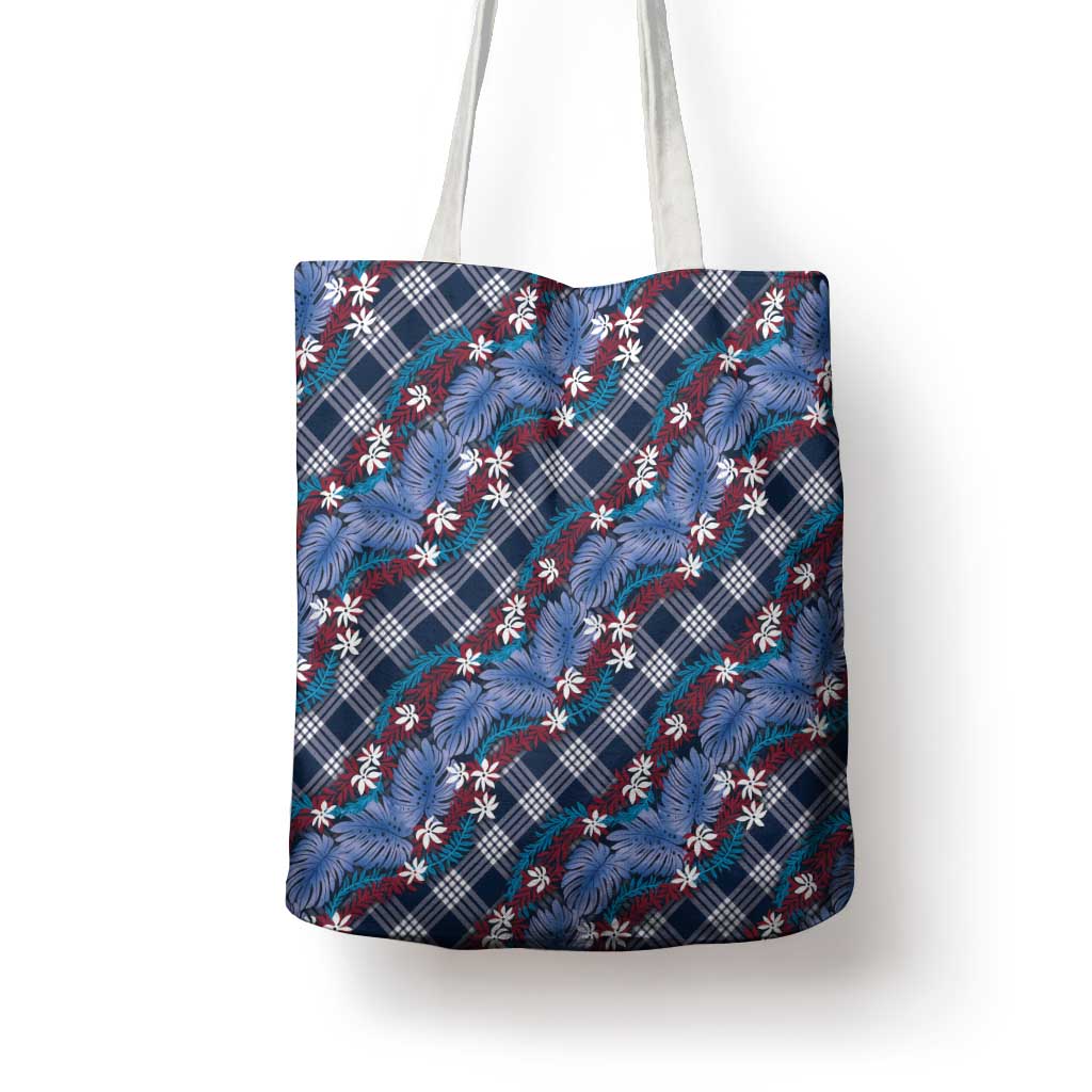 Polynesian Monstera Tiare Floral Tote Bag Royal Blue Tropical Plaid LT01 - Polynesian Pride